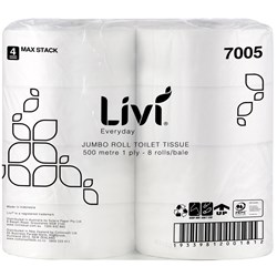 Livi Everyday Toilet Paper Jumbo Roll 1 Ply 500m Pack Of 8