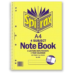 Spirax 606 4 Subject Notebook Perforated/Note Pockets A4 Ruled 320 Page Side Opening